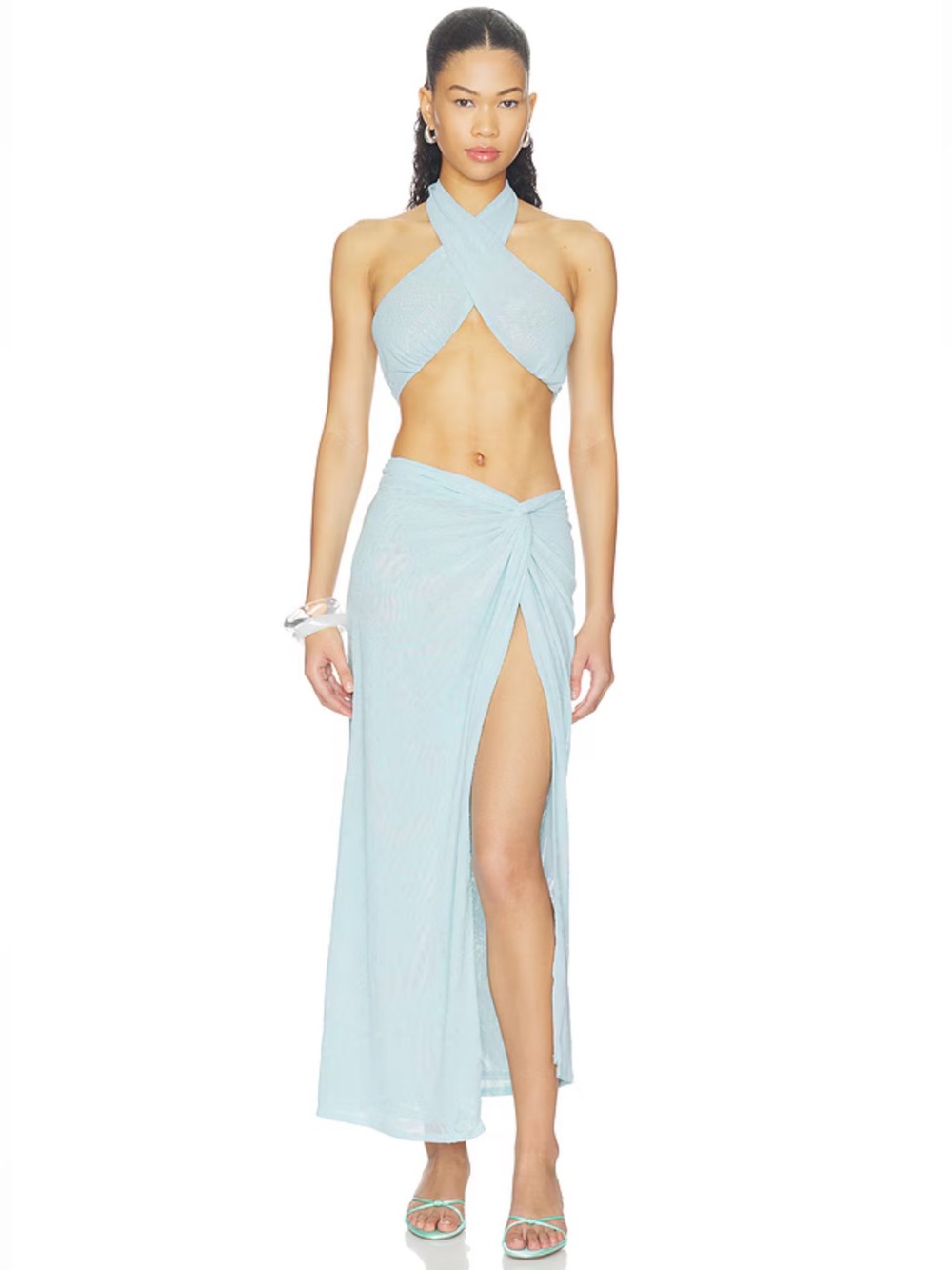 AFRM Aqua Blue Cutout Halter Swim Top and Skirt Set